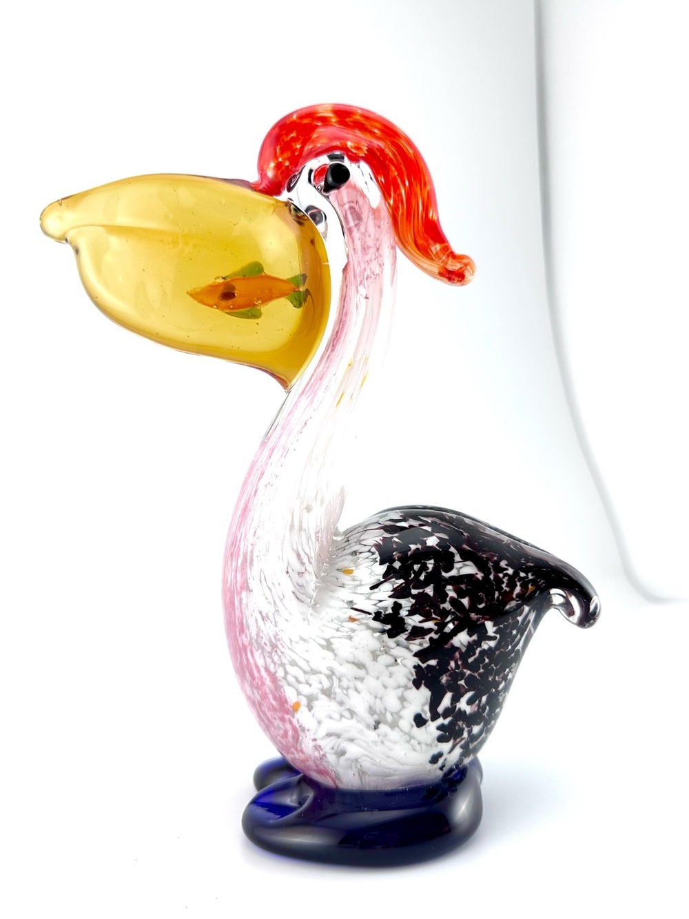 Vintage Murano Style Hand Blown Art Glass Pelican Figurine with Fish